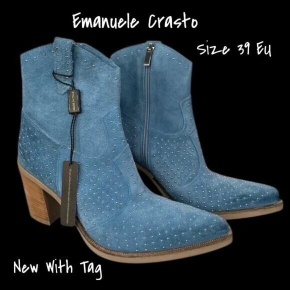 Emanuele Crasto Made In Italy Suede Studded Cowboy Boots Size 39 EU New With Tag - Picture 3 of 3